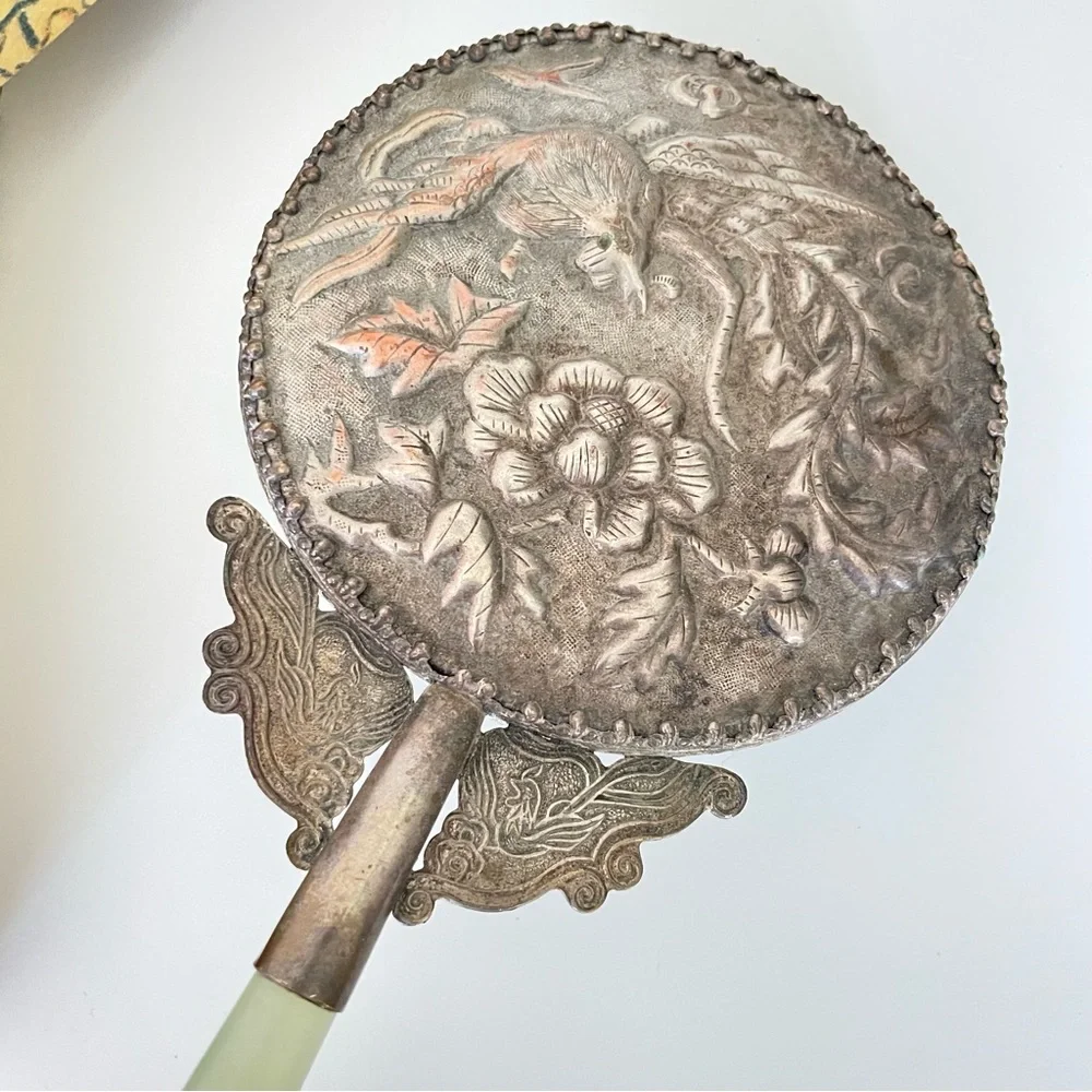 Vintage hand held vanity mirror jade handle silver tone birds floral metal